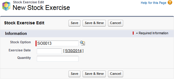 Screenshot: Stock Exercise Edit page for a new stock exercise