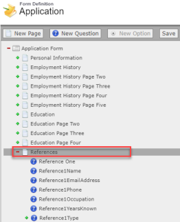 Screenshot: visual form editor, references page expanded