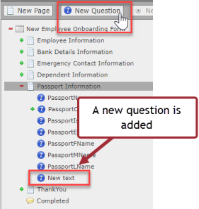 Screenshot: select new question in the visual editor