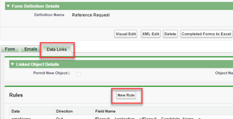 Screenshot: form definition page, data links tab: new rule