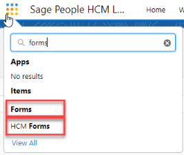 Screenshot: searching for forms in Sage People HCM