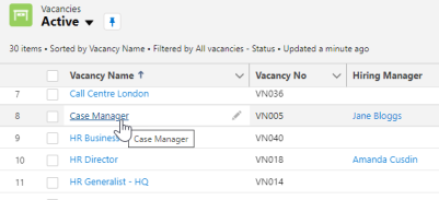 Screenshot: vacancies tab, select vacancy