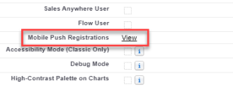 Screenshot: mobile push registration on the User Detail screen