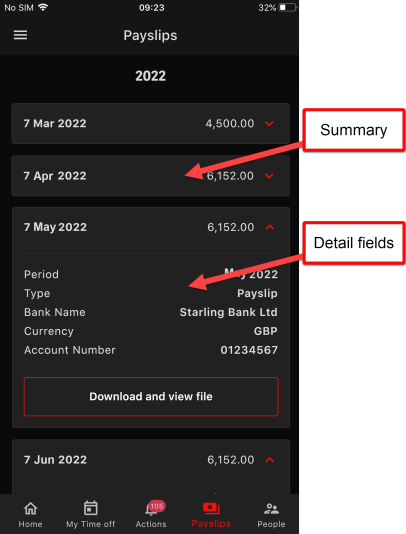 Annotated screenshot: mobile app payslips screen