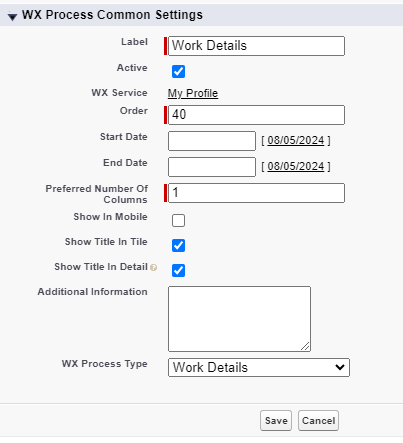 Screenshot: creating a WX process for Work Details