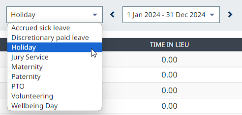 Screenshot: absence accrual log menu