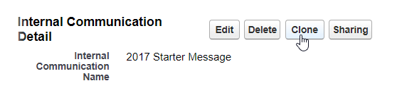 Screenshot of the buttons on the Internal Communication detail page, with the hand cursor on the Clone button
