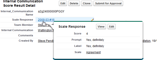 Screenshot: Hovering over Scale Response for Internal Communication Score Result