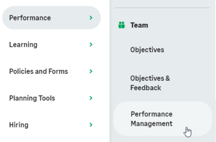 Screenshot: Selecting Performance Management from the Team section of the menu