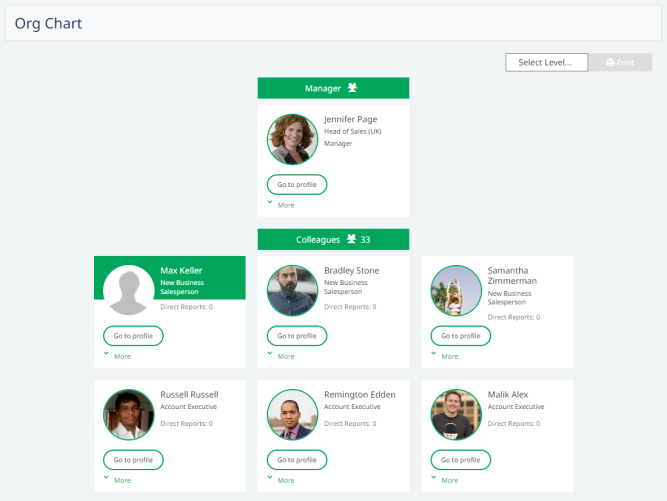 Screenshot: An org chart view for a preboarder