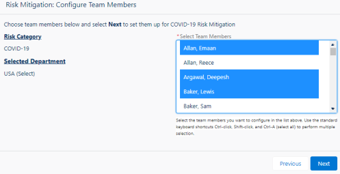 Screenshot: Selecting individual Team Members for risk mitigation