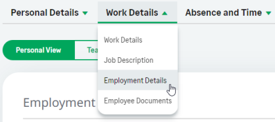 Screenshot: Selecting the Employment Details process from WX profile tab bar