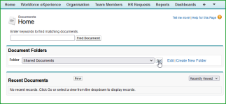 Screenshot showing Documents home page with Go selected for the shared documents folder