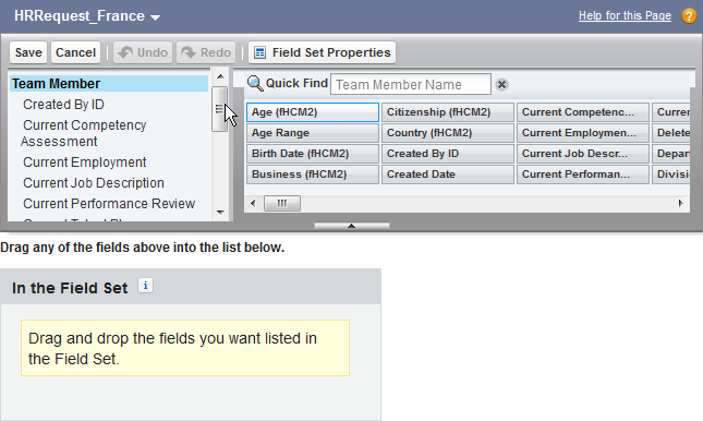 Screenshot: Field Set builder page