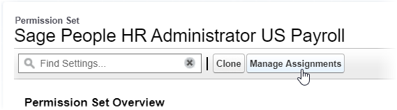 Screenshot: Selecting Manage Assignments for the Sage People HR Administrator US Payroll permission set