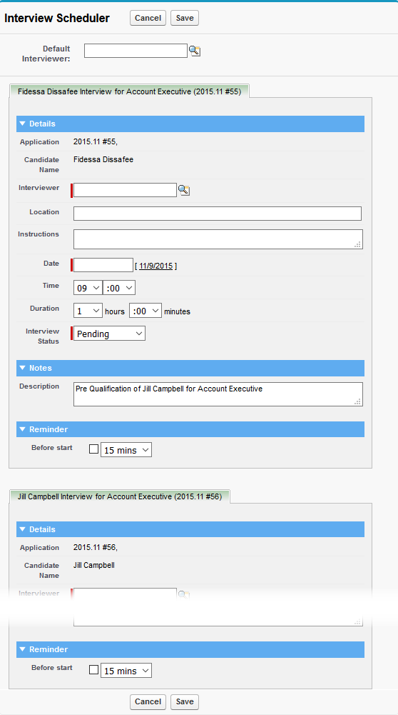 SCreenshot showing the interview sceduler page with sample content for multiple candidates