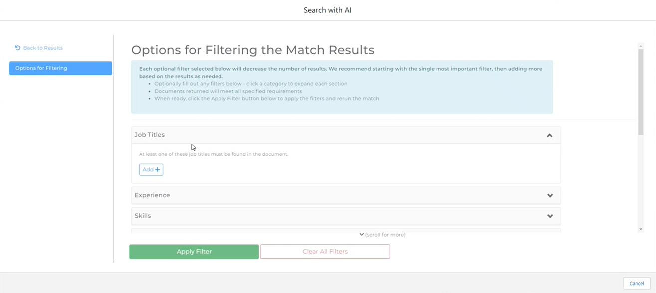 Screenshot: Filter option display