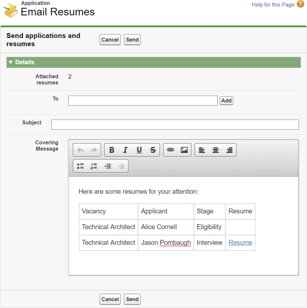 Screenshot showing the partially completed Email Resumes page