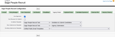 Screenshot showing the Recruit configuration page, agency portal tab