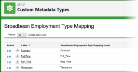 Partial screenshot showing the custom metadata type records page for Broadbean employment type mapping