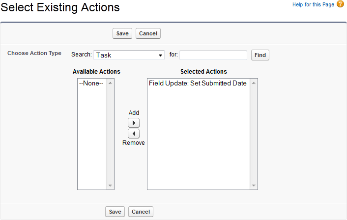 Screenshot: Selecting Existing Actions page