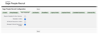 Screenshot showing the Recruit configuration page, new vacancies tab