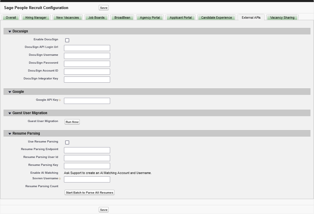 Screenshot showing Recruit configure page for external A P I s