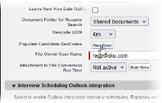Partial screenshot showing Recruit configure page with run now button select for populate candidate geocodes