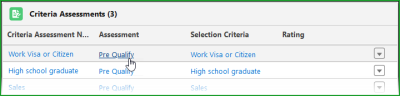 Screenshot showing criteria assessments related list with pre-qualify assessment selected