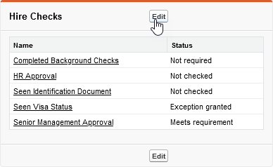 Scrfeenshot of cnadidate detail page Hire Checks section with Edit button selected