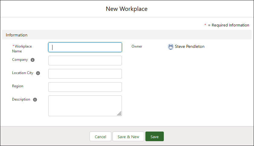 SCreenshot showing New Workplace modal ready for completion