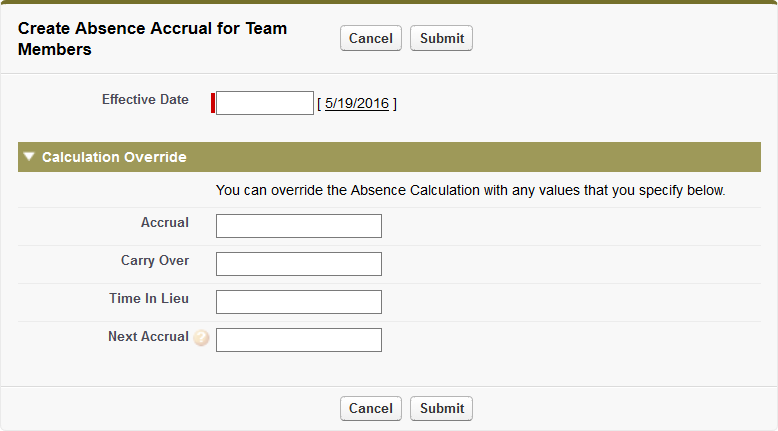 Screenshot: Create Absence Accrual for Team Member page