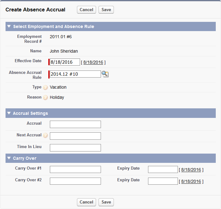 Screenshot: Create Absence Accrual screen with Carry Over section