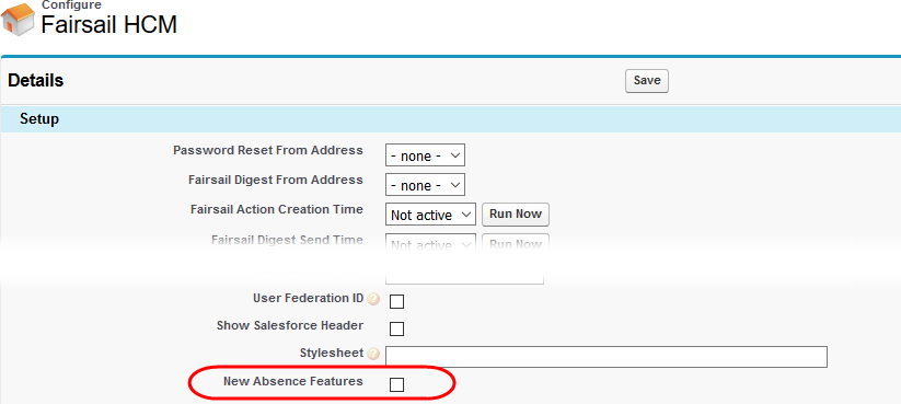 Screenshot: New Absence Features setting on the HCM package Configure page