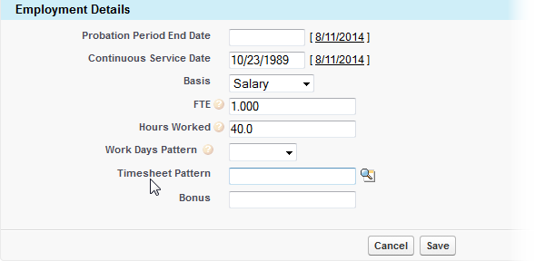 Screenshot: Employment Details section displaying the Timesheet Pattern lookup field