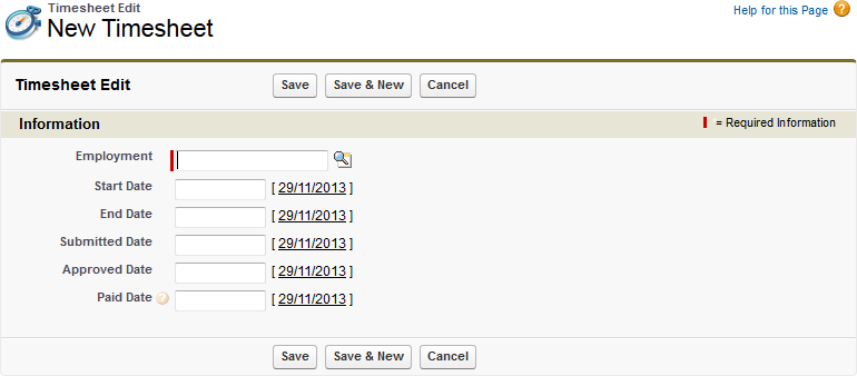 Screenshot: New Timesheet page in the HR Manager portal