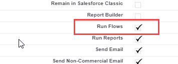 Screenshot: Checked Run Flows option highlighted in Profile details