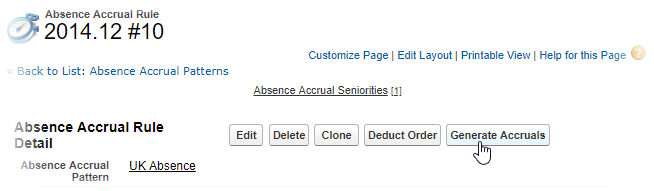 Screenshot: Selecting Generate Accruals button for an Absence Accrual Rule