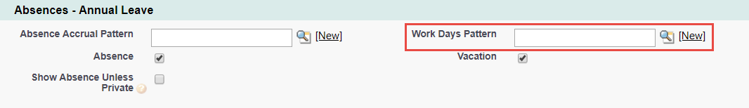 Screenshot: Work Days Pattern field in the Absences - Annual Leave section on a Policy page