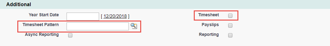 Screenshot: Timesheet Pattern and Timesheet fields highlighted in the Additional section on a Policy page