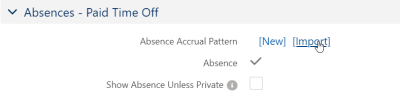 Screenshot: Import link for absence accrual patterns on the Policy page