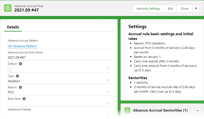 Screenshot: Absence Accrual Rule details page after completing the Create wizard