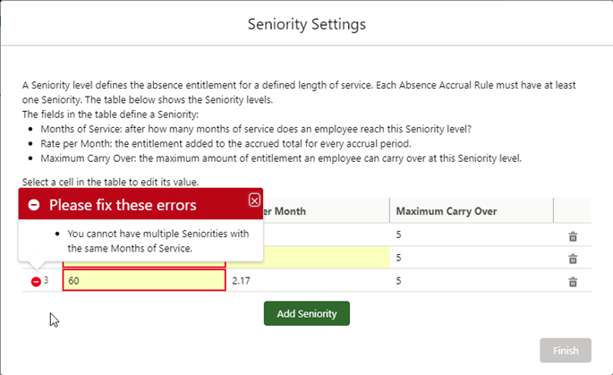 Screenshot: Viewing errors on the Seniority Settings screen