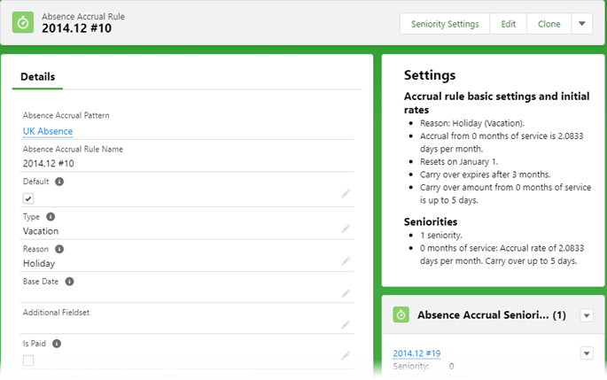 Screenshot: Top of the Absence Accrual Rule detail page, showing the Settings component on the right