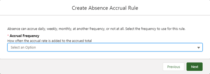 Screenshot: Accrual settings screen in the Absence Accrual Rule wizard, showing the Frequency picklist