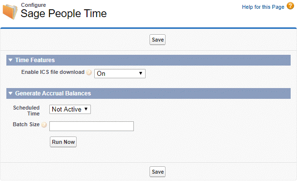 Screenshot: The Time Configure page with the Generate Accrual Balances section