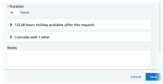 Screenshot: The lower part of the New Absence dialog, showing Duration, collapsed balance section, collapsed coincides with section. and Notes field