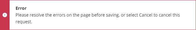 Screenshot: Error message shown when validation errors require resolving before the Time Off can be saved