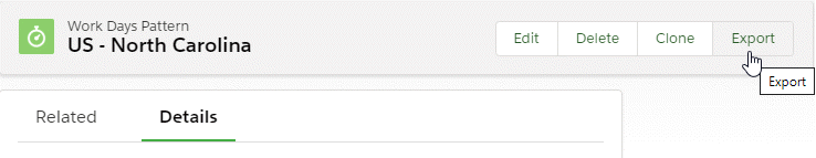 The top section of Work Days Pattern details page with the cursor on the Export button