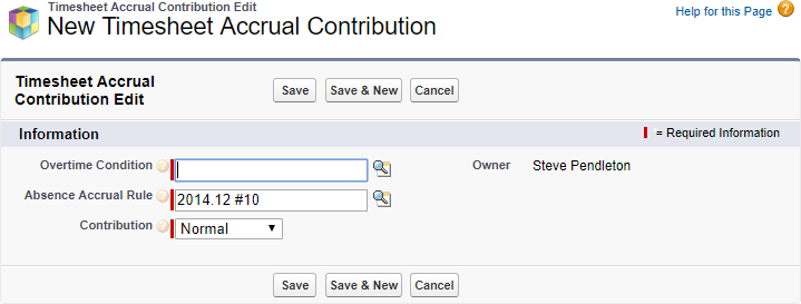 Screenshot: New Timesheet Accrual Contribution page